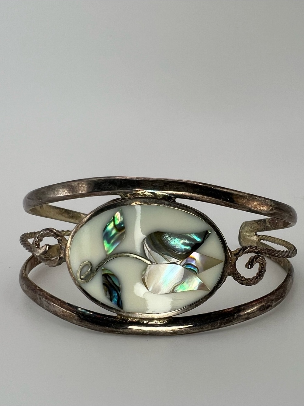 Vintage Alpaca Mexico Silver Cuff Bracelet Abalone MOP Shell Inlay Floral tulip